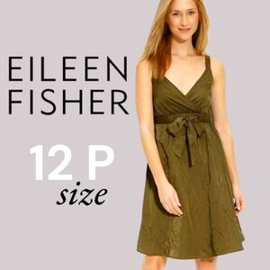 EILEEN FISCHER Olivene Green Steel Satin Faux Wrap Midi Dress Party - Size 12 P
